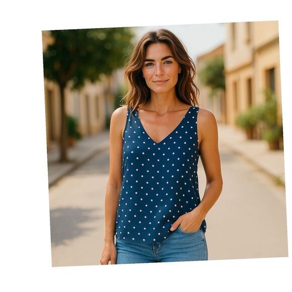 Nine Britton Tops - Nine Britton Women's M Navy Polka Dot V-Neck Sleeveless Blouse